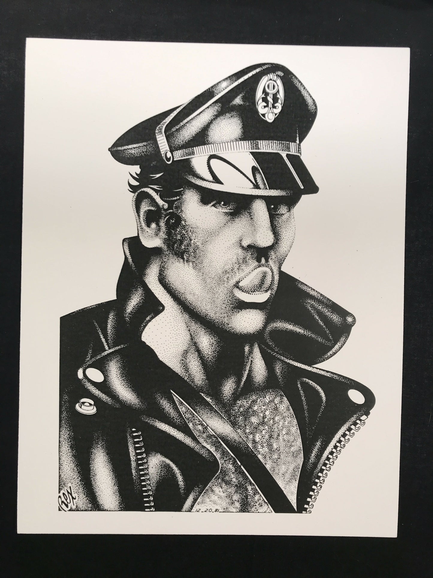Rare REX Pointillism Art Print 8.5x11 "Leather Man with Tongue Out" #3191 Dated 12-20-1981