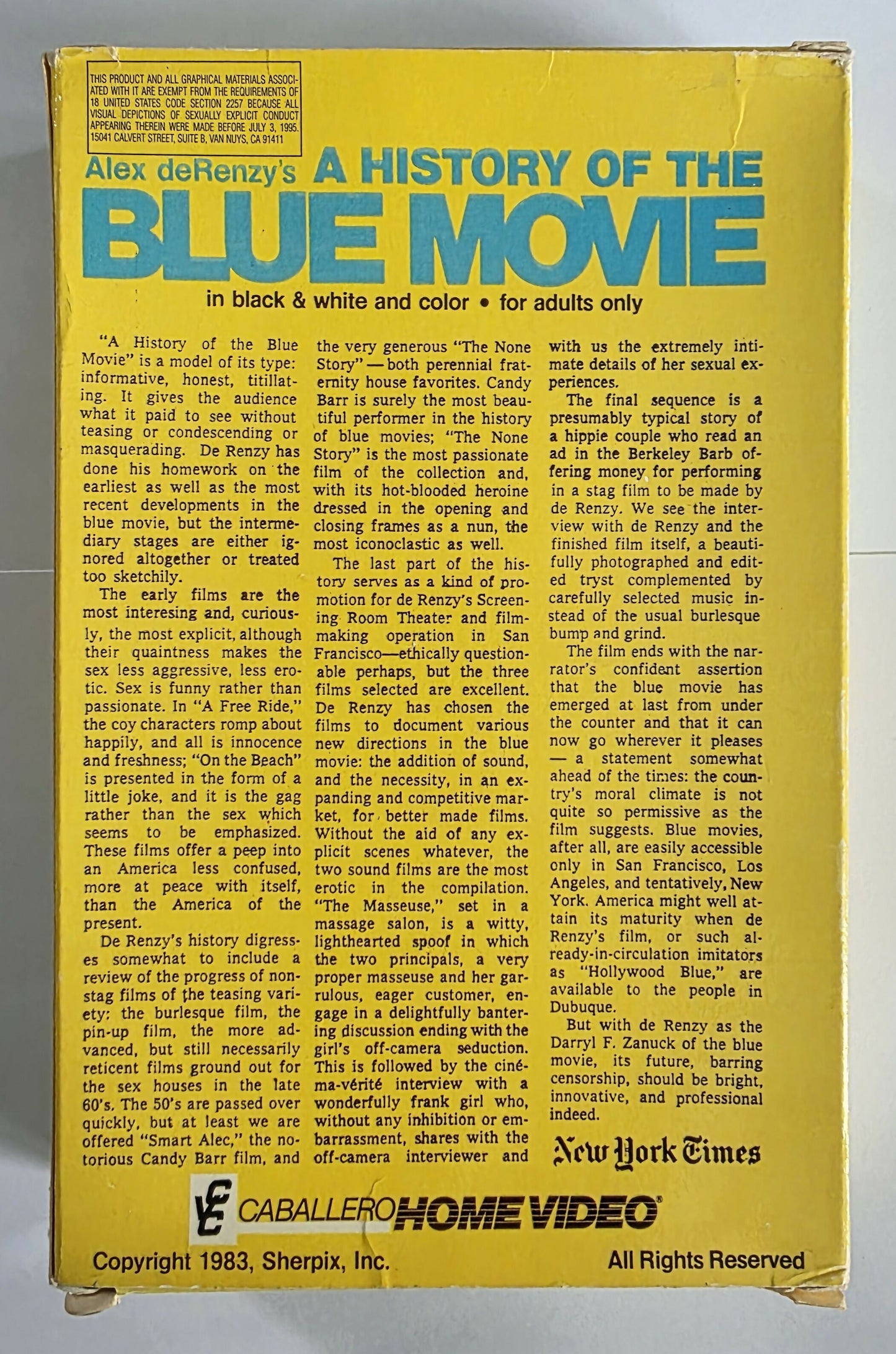 Alex deRenzy's A History of the Blue Movie (1983) VHS