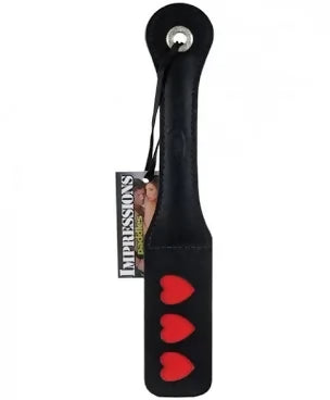 Sportsheets Impressions Heart Paddle 12" – Black Leather – 3 Heart Design