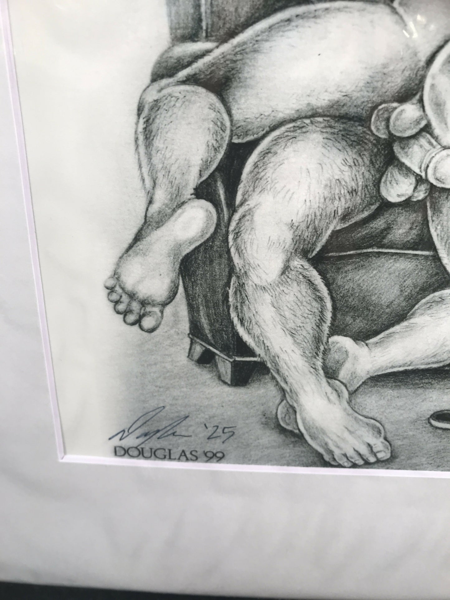 Gay Art Print by DOUGLAS, Pipe Daddy Spanks boy with Slipper, Signed & Matted