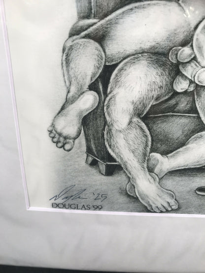 Gay Art Print by DOUGLAS, Pipe Daddy Spanks boy with Slipper, Signed & Matted