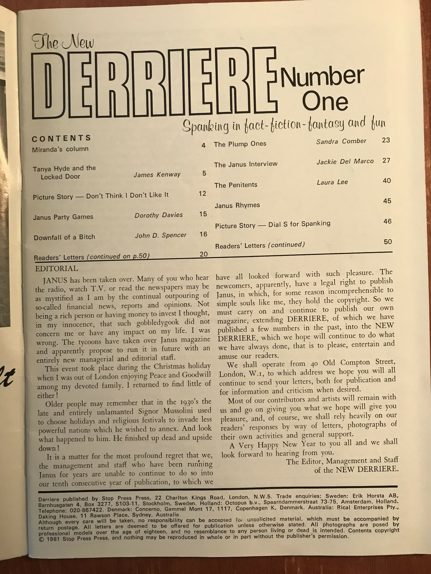 The New DERRIÈRE Vol.1 #1 1981Premier UK Issue by Stop Press Female Spanking Magazine