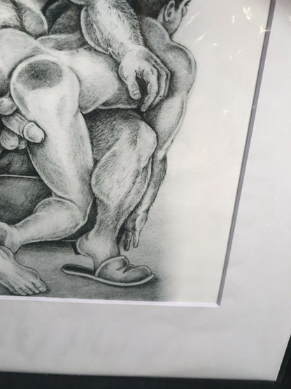 Gay Art Print by DOUGLAS, Pipe Daddy Spanks boy with Slipper, Signed & Matted