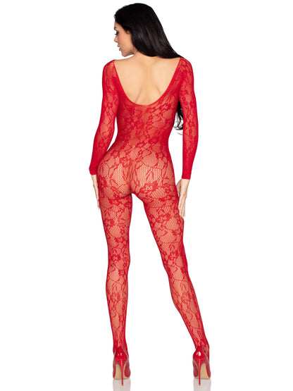 Red Seamless Net and Lace Lingerie Jumpsuit - With Keyhole Crossover Halter - Os