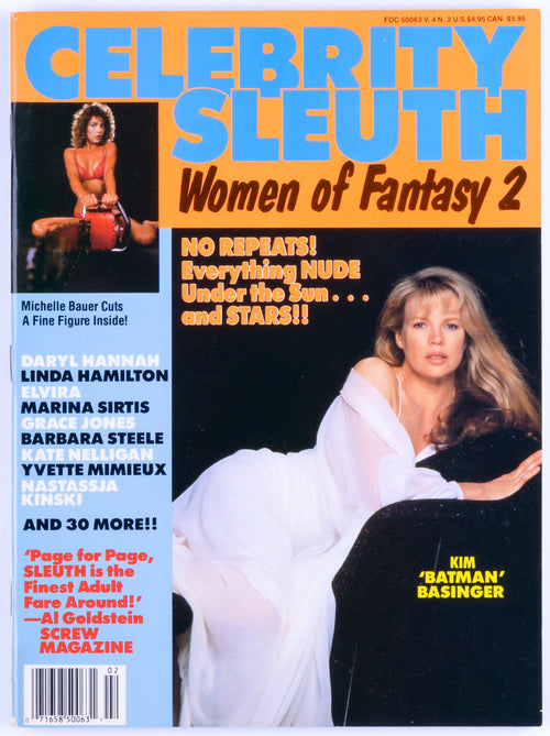 CELEBRITY SLEUTH 1990 Vol. 4 No. 2 Vintage Softcore Adult Magazine - Elvira A.K.A. Cassandra Petersen, Kim Basinger, Daryl Hannah, Linda Hamilton, Michelle Bauer