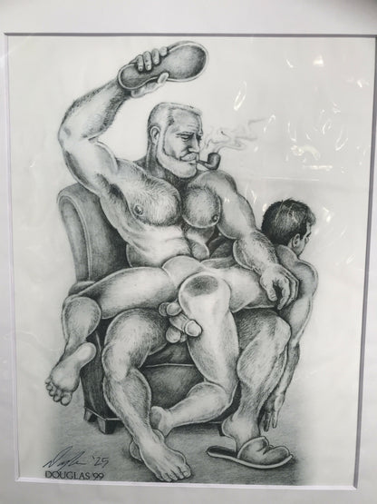 Gay Art Print by DOUGLAS, Pipe Daddy Spanks boy with Slipper, Signed & Matted