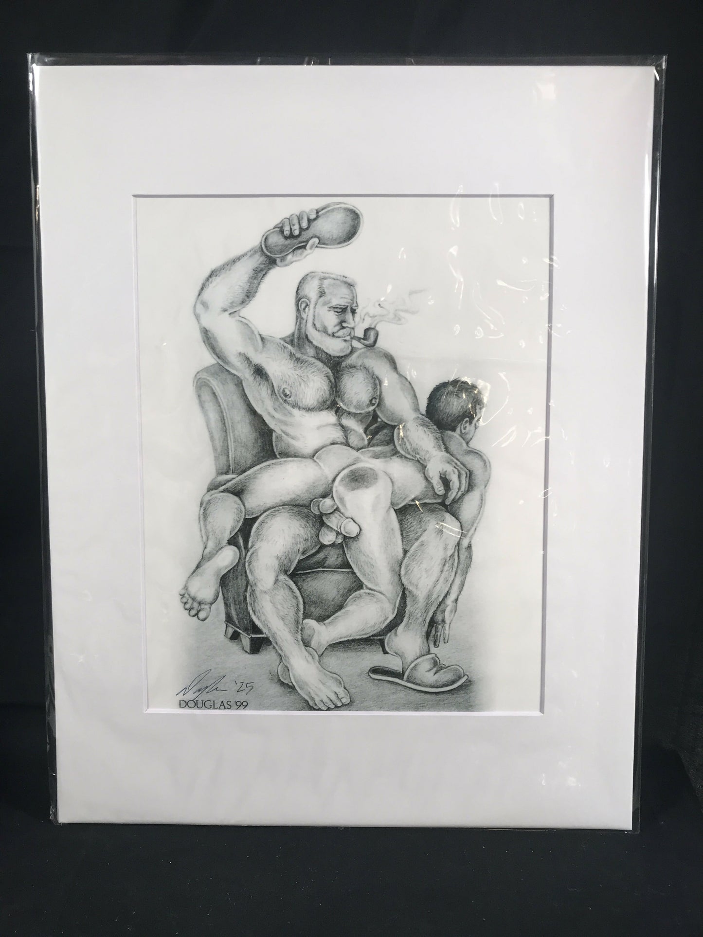 Gay Art Print by DOUGLAS, Pipe Daddy Spanks boy with Slipper, Signed & Matted