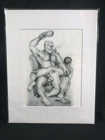 Gay Art Print by DOUGLAS, Pipe Daddy Spanks boy with Slipper, Signed & Matted