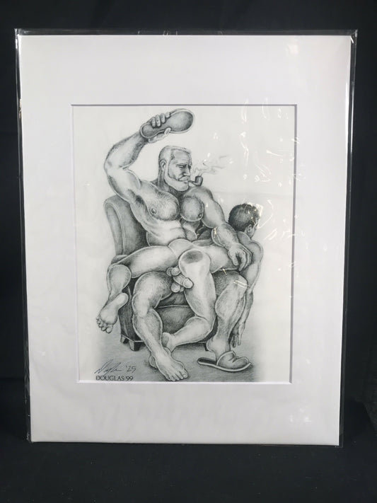 Gay Art Print by DOUGLAS, Pipe Daddy Spanks boy with Slipper, Signed & Matted