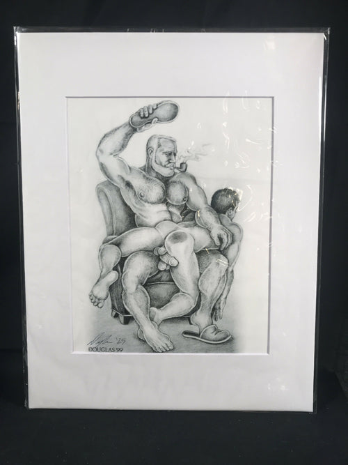 Gay Art Print by DOUGLAS, Pipe Daddy Spanks boy with Slipper, Signed & Matted