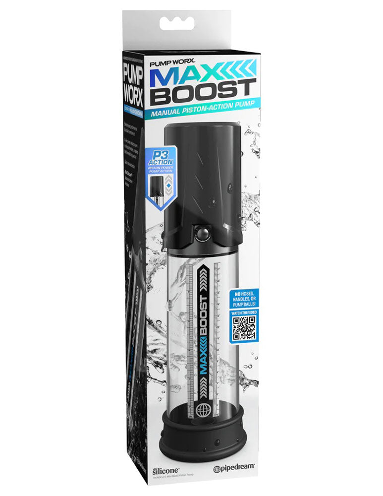 Pump Worx Max Boost- Manual Piston-Action Penis Pump - Black/Clear