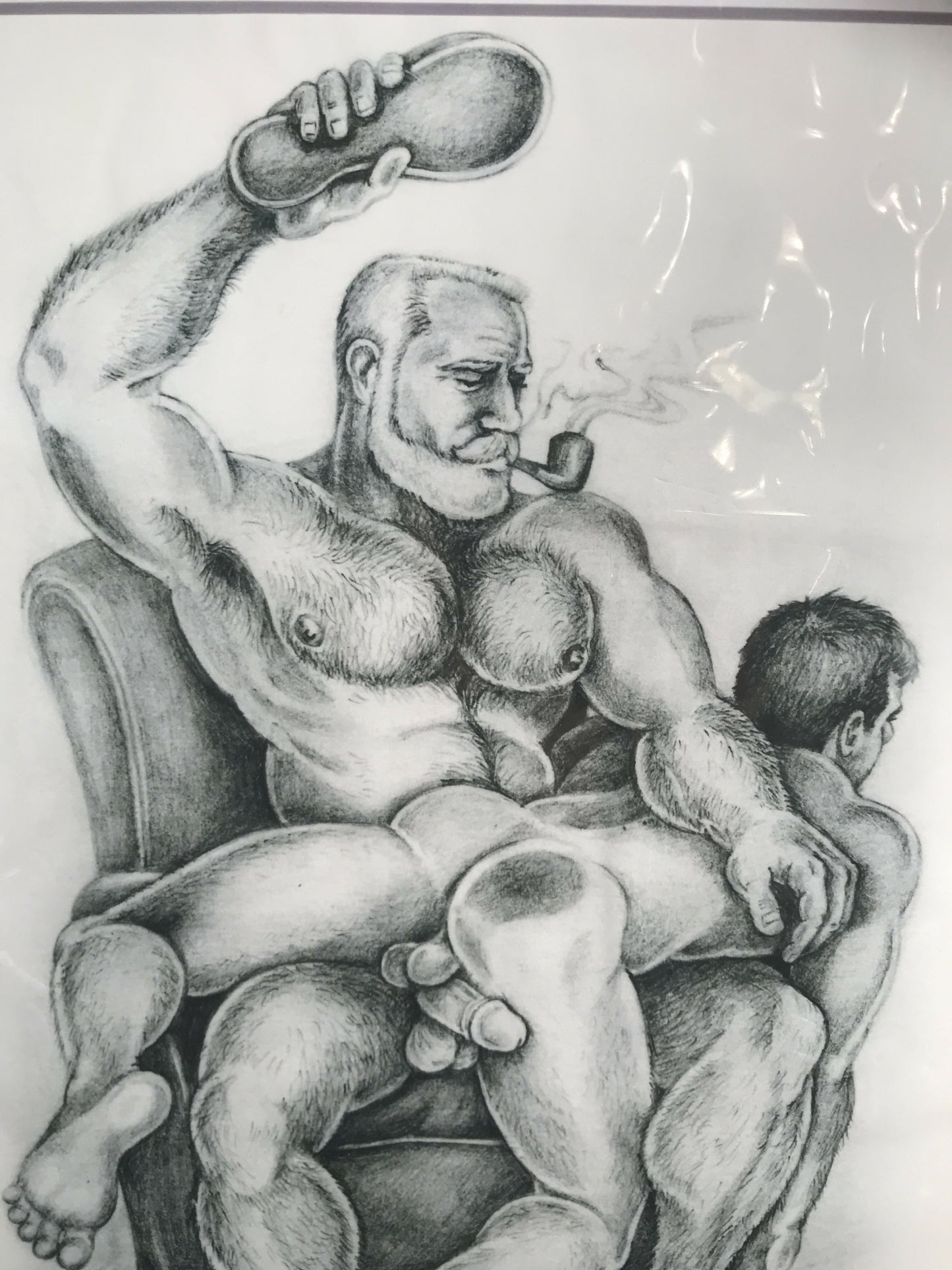 Gay Art Print by DOUGLAS, Pipe Daddy Spanks boy with Slipper, Signed & Matted