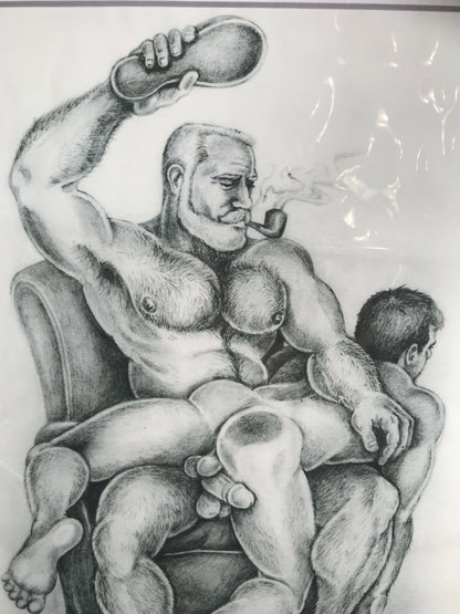 Gay Art Print by DOUGLAS, Pipe Daddy Spanks boy with Slipper, Signed & Matted